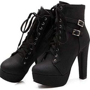 Round Toe Lace Up Ankle Buckle Chunky High Heel Platform Knight Boot Sz 7.5